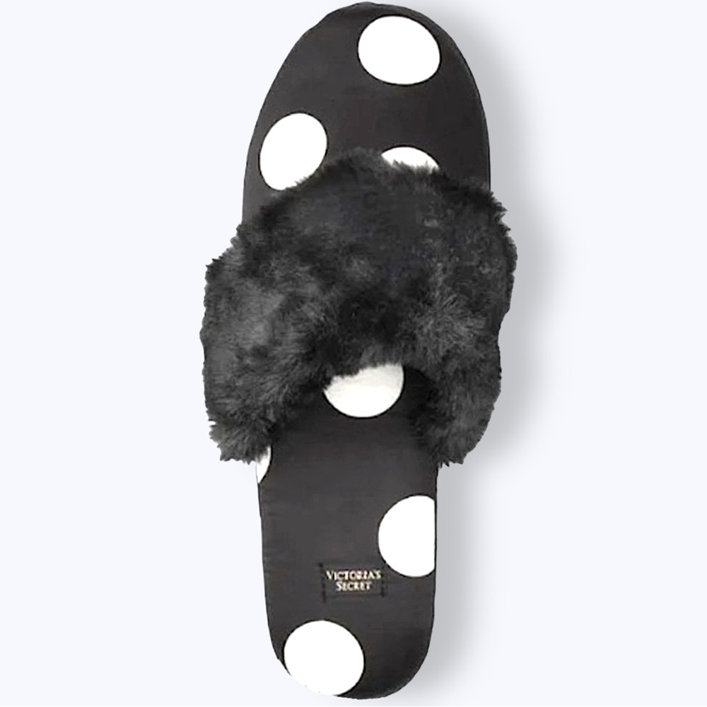 Victoria's Secret Satin Slippers Polka Dot Faux Fur Black/White Medium NWT